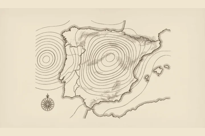 Grabado de un mapa del tiempo de la Península con isobaras