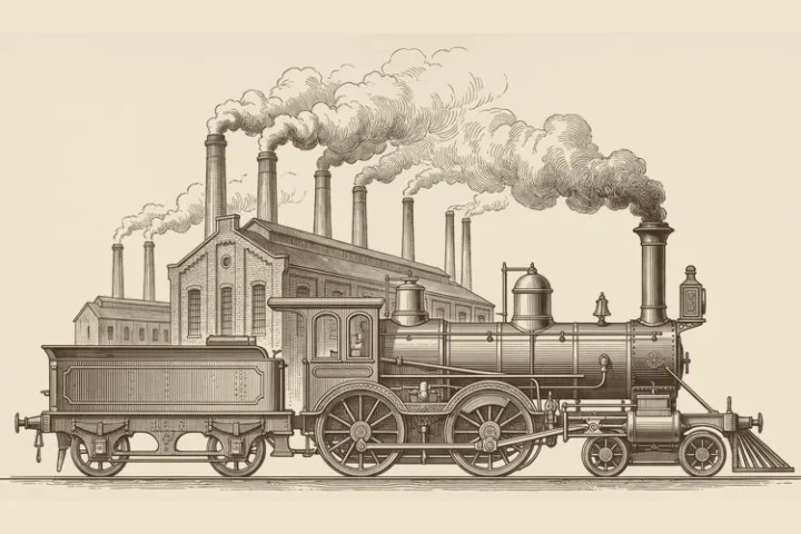 Grabado de una locomotora de vapor y chimeneas fabriles