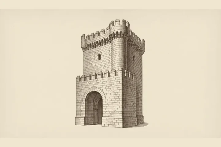 Grabado de una torre del homenaje castellana
